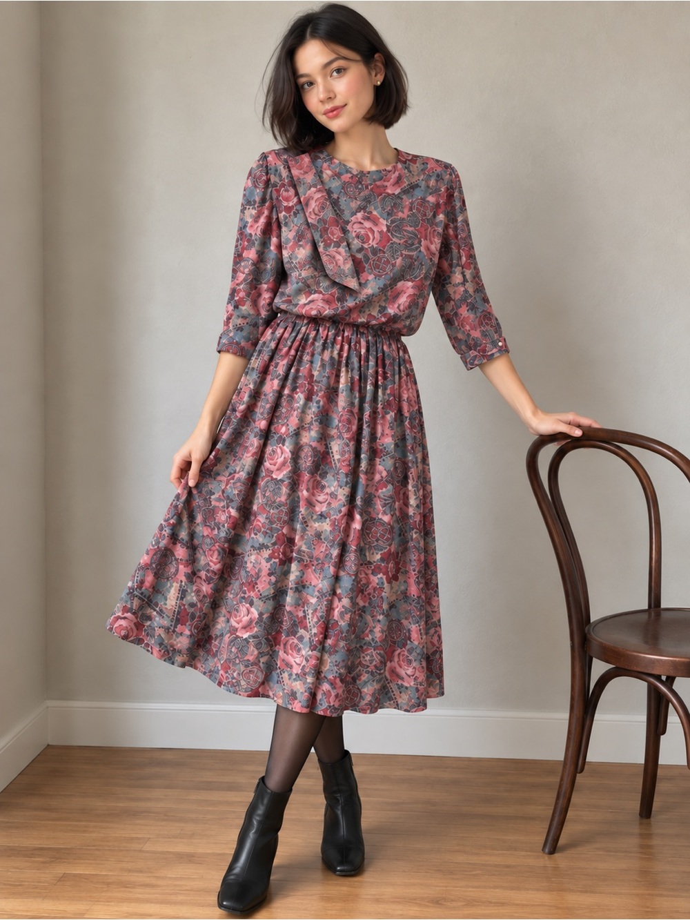 Vintage 80s Dark Romantic Rose Print Draped Overlay Midi Dress S